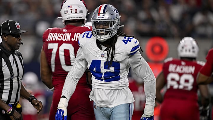 Nov 3, 2025; Arlington, Texas, USA; Dallas Cowboys defensive end Jadeveon Clowney (42) celebrates after he sacks Arizona Cardinals quarterback Jacoby Brissett (7) during the game between the Dallas Cowboys and the Arizona Cardinals at AT&T Stadium. Mandatory Credit: Jerome Miron-Imagn Images
