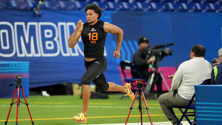 Mar 1, 2025; Indianapolis, IN, USA; Iowa State wideout Jayden Higgins (WO18) during the 2025 NFL Combine at Lucas Oil Stadium. Mandatory Credit: Kirby Lee-Imagn Images