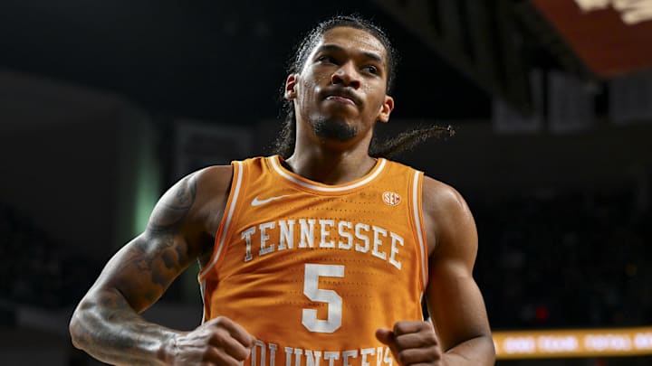 Feb 22, 2025; College Station, Texas, USA; Tennessee Volunteers guard Zakai Zeigler (5) reacts during the second half against the Texas A&;M Aggies at Reed Arena. Mandatory Credit: Maria Lysaker-Imagn Images 