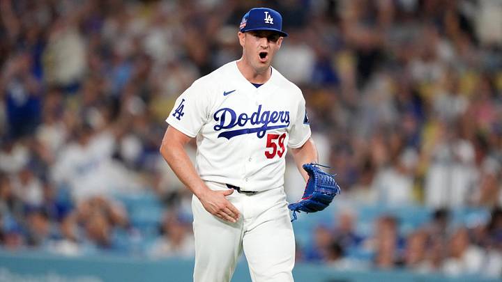 Aug 21, 2026; Los Angeles, California, USA; Los Angeles Dodgers pitcher Evan Phillips (59) reacts at the end of the 10th inning against the Pittsburgh Pirates at Dodger Stadium. Mandatory Credit: Kirby Lee-Imagn Images Aug 21, 2026; Los Angeles, California, USA; Los Angeles Dodgers pitcher Evan Phillips (59) reacts at the end of the 10th inning against the Pittsburgh Pirates at Dodger Stadium. Mandatory Credit: Kirby Lee-Imagn Images