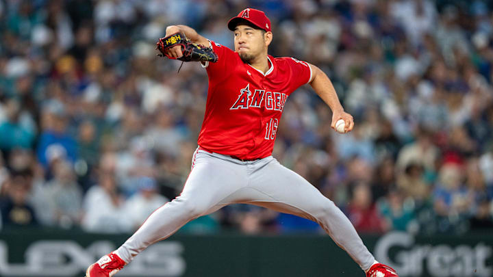 Sep 12, 2025; Seattle, Washington, USA; Los Angeles Angels starter Yusei Kikuchi (16) delivers a pitch during the third inning against the Seattle Mariners at T-Mobile Park. Mandatory Credit: Stephen Brashear-Imagn Images