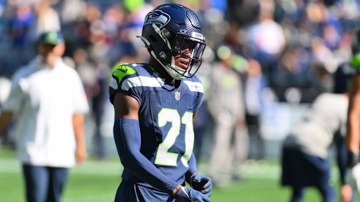Oct 6, 2024; Seattle, Washington, USA; Seattle Seahawks cornerback Devon Witherspoon (21) during warmups before the game against the New York Giants at Lumen Field. Mandatory Credit: Steven Bisig-Imagn Images