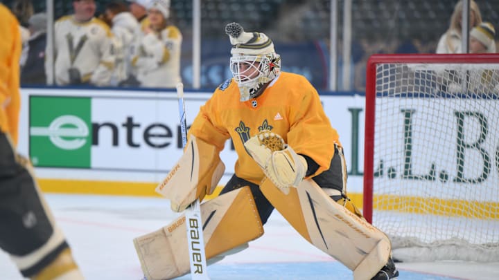 Dec 31, 2023; Seattle, Washington, USA; Vegas Golden Knights goaltender Jiri Patera (30) during the practice session before the 2024 Winter Classic ice hockey game at T-Mobile Park. Mandatory Credit: Steven Bisig-Imagn Images