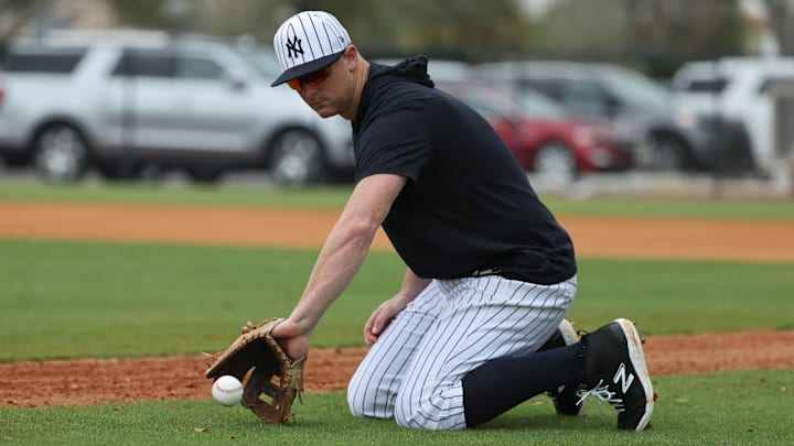 Feb 20, 2025; Tampa, FL, USA; New York Yankees third base DJ LeMahieu (26) during work outs at George M. Steinbrenner Field. Feb 20, 2025; Tampa, FL, USA; New York Yankees third base DJ LeMahieu (26) during work outs at George M. Steinbrenner Field.