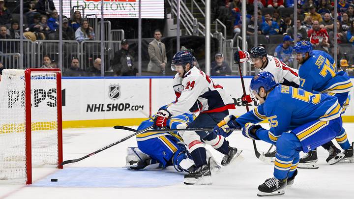 Nov 9, 2024; St. Louis, Missouri, USA; Washington Capitals center Connor McMichael (24) shoots and scores against St. Louis Blues goaltender Jordan Binnington (50) during the third period at Enterprise Center. Mandatory Credit: Jeff Curry-Imagn Images Nov 9, 2024; St. Louis, Missouri, USA; Washington Capitals center Connor McMichael (24) shoots and scores against St. Louis Blues goaltender Jordan Binnington (50) during the third period at Enterprise Center. Mandatory Credit: Jeff Curry-Imagn Images