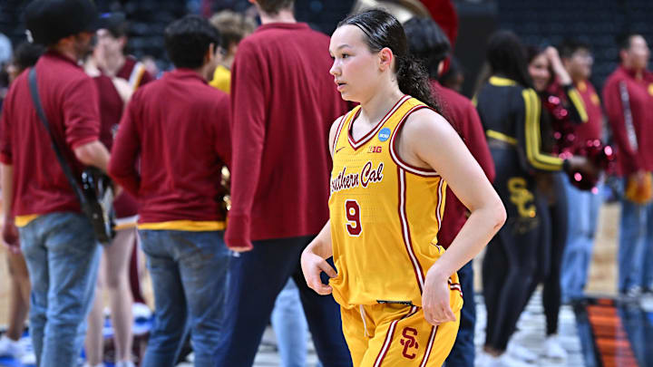 Mar 29, 2025; Spokane, WA, USA; USC Trojans guard Kayleigh Heckel (9) walks off the court during the second half of a Sweet 16 NCAA Tournament basketball game against the Kansas State Wildcats at Spokane Arena. Mandatory Credit: James Snook-Imagn Images Mar 29, 2025; Spokane, WA, USA; USC Trojans guard Kayleigh Heckel (9) walks off the court during the second half of a Sweet 16 NCAA Tournament basketball game against the Kansas State Wildcats at Spokane Arena. Mandatory Credit: James Snook-Imagn Images