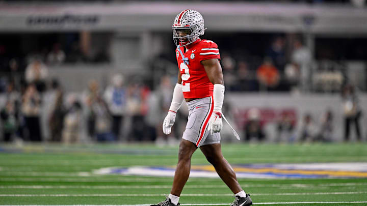 Ohio State Buckeyes safety Caleb Downs (2) gets into position during the 2025 Cotton Bowl 