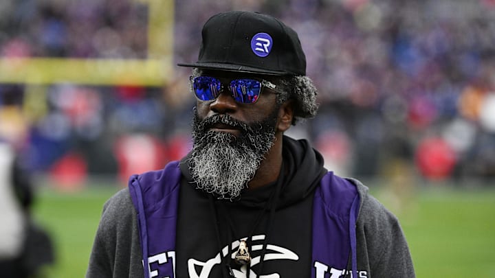 Jan 28, 2024; Baltimore, Maryland, USA; Former Baltimore Ravens safety Ed Reed looks on from the sidelines prior to the Ravens' game against the Kansas City Chiefs in the AFC Championship football game at M&T Bank Stadium. Mandatory Credit: Tommy Gilligan-Imagn Images