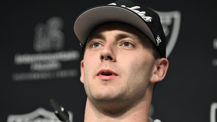 Apr 26, 2024; Henderson, NV, USA; Las Vegas Raiders tight end Brock Bowers speaks to the media at Intermountain Health Performance Center in Henderson, NV.