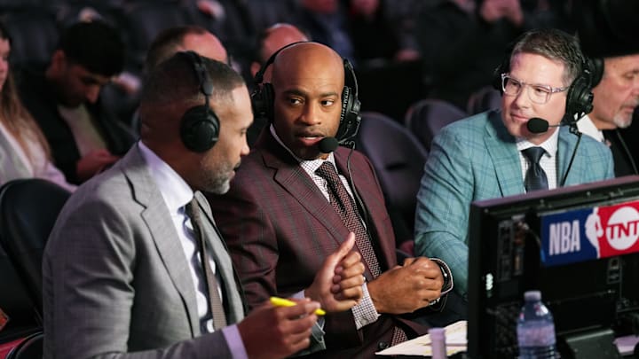 Jan 18, 2024; Toronto, Ontario, CAN; Former NBA player and TNT Network color commentator Vince Carter gets ready for the broadcast before a game between the Chicago Bulls and the Toronto Raptors at Scotiabank Arena. Mandatory Credit: Nick Turchiaro-USA TODAY Sports Jan 18, 2024; Toronto, Ontario, CAN; Former NBA player and TNT Network color commentator Vince Carter gets ready for the broadcast before a game between the Chicago Bulls and the Toronto Raptors at Scotiabank Arena. Mandatory Credit: Nick Turchiaro-USA TODAY Sports