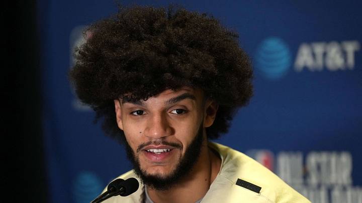 Milwaukee Bucks guard Andre Jackson Jr. (44) talks to media members during the NBA All Star-Practice at Oakland Arena on Feb 15, 2025.