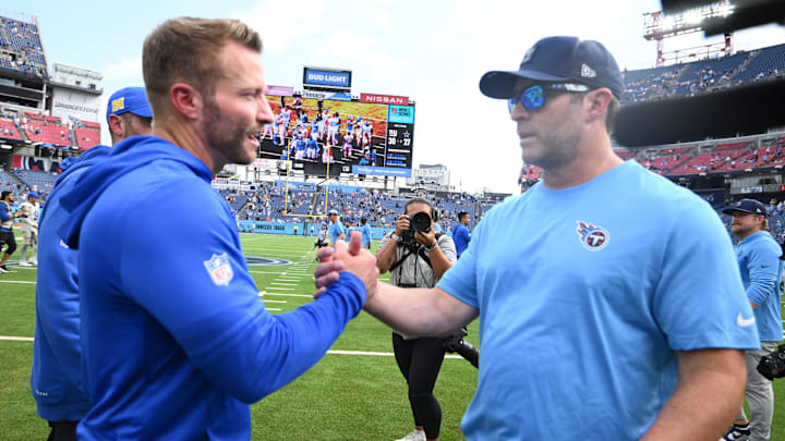 Sep 14, 2025; Nashville, Tennessee, USA; Los Angeles Rams head coach Sean McVay and Tennessee Titans head coach Brian Callahan shake hands after the game at Nissan Stadium. Mandatory Credit: Steve Roberts-Imagn Images Sep 14, 2025; Nashville, Tennessee, USA; Los Angeles Rams head coach Sean McVay and Tennessee Titans head coach Brian Callahan shake hands after the game at Nissan Stadium. Mandatory Credit: Steve Roberts-Imagn Images