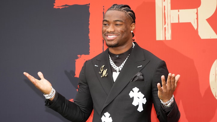 Alabama Crimson Tide quarterback Jalen Milroe on the red carpet before the 2025 NFL Draft.