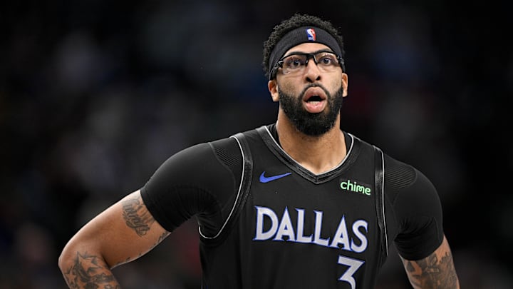 Dec 23, 2025; Dallas, Texas, USA; Dallas Mavericks forward Anthony Davis (3) looks on during the game between the Mavericks and the Nuggets at the American Airlines Center. Mandatory Credit: Jerome Miron-Imagn Images