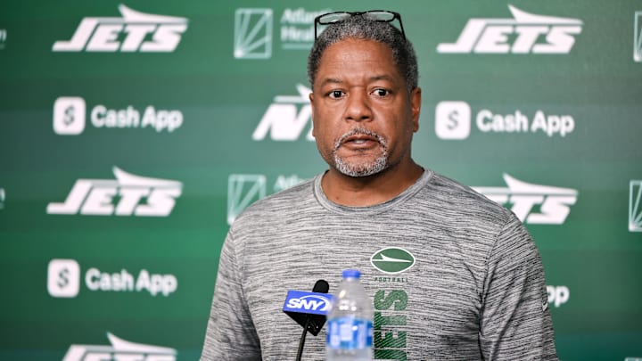 Jun 11, 2025; Florham Park, NY, USA; New York Jets defensive coordinator Steve Wilks speaks at a press conference during minicamp at Atlantic Health Jets Training Center. Mandatory Credit: John Jones-Imagn Images Jun 11, 2025; Florham Park, NY, USA; New York Jets defensive coordinator Steve Wilks speaks at a press conference during minicamp at Atlantic Health Jets Training Center. Mandatory Credit: John Jones-Imagn Images