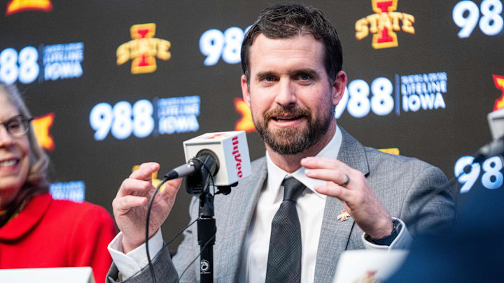 Jimmy Rogers speaks during his introductory press conference as Iowa State’s new head football coach on Dec. 8, 2025, at Iowa State University in Ames, IA. Jimmy Rogers speaks during his introductory press conference as Iowa State’s new head football coach on Dec. 8, 2025, at Iowa State University in Ames, IA.