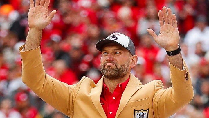 NFL Hall of Famer and former Wisconsin offensive tackle Joe Thomas waves to the crowd as he   s honored during a game between Wisconsin and Iowa on Saturday, October 14, 2023, at Camp Randall Stadium in Madison, Wis. Iowa won the game, 12-6.