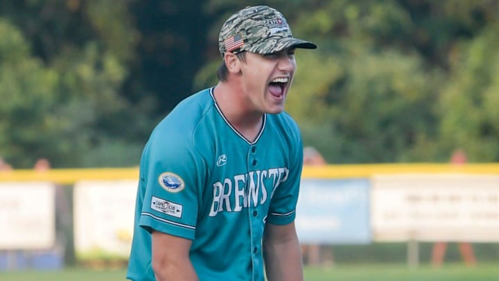 Brewster Whitecaps pitcher Teddy McGraw celebrates after getting the final out in a Cape Cod League game against the Bourne Braves on Aug. 11, 2021.