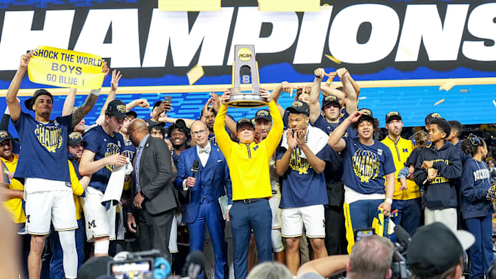 The Michigan Wolverines celebrate after winning the 2026 men’s basketball national championship.