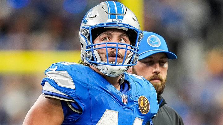 Detroit Lions linebacker Malcolm Rodriguez walks off the field due to an injury during the second half against the Chicago Bears at Ford Field in Detroit on Thursday, Nov. 28, 2024. He tore the ACL in his right knee. Detroit Lions linebacker Malcolm Rodriguez walks off the field due to an injury during the second half against the Chicago Bears at Ford Field in Detroit on Thursday, Nov. 28, 2024. He tore the ACL in his right knee.