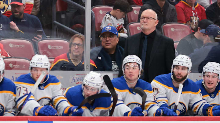 Feb 2, 2026; Sunrise, Florida, USA; Buffalo Sabres head coach Lindy Ruff looks on from the bench against the Florida Panthers during the third period at Amerant Bank Arena. Mandatory Credit: Sam Navarro-Imagn Images