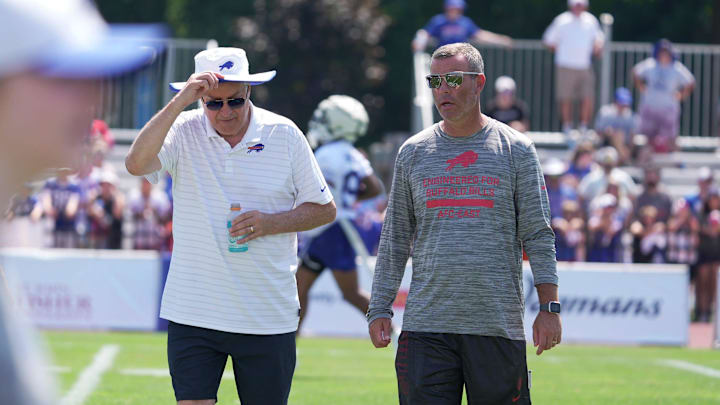 Terry Pegula, owner, CEO and president of the Buffalo Bills and Brandon Beane, general manager, talk and walk off the field at the end of practice at the Buffalo Bills training camp at St. John Fisher University in Pittsford on July 24, 2025. Terry Pegula, owner, CEO and president of the Buffalo Bills and Brandon Beane, general manager, talk and walk off the field at the end of practice at the Buffalo Bills training camp at St. John Fisher University in Pittsford on July 24, 2025.