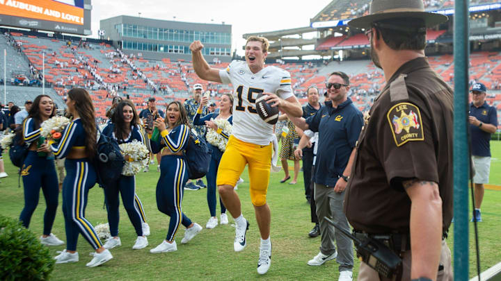 Fernando Mendoza celebrates after Cal's win at Auburn
