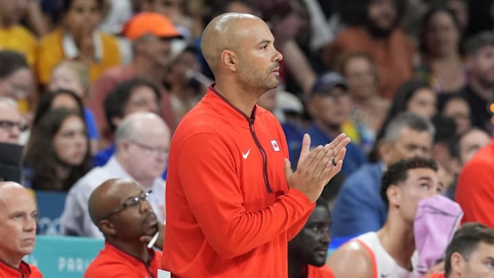 Jul 30, 2024; Villeneuve-d'Ascq, France; Canada coach Jordi Fernandez reacts against Australia in a men's group stage basketball match during the Paris 2024 Olympic Summer Games at Stade Pierre-Mauroy. Mandatory Credit: John David Mercer-USA TODAY Sports