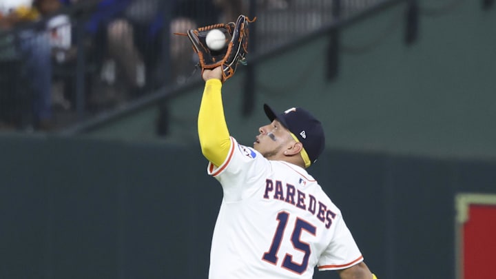Jun 28, 2025; Houston, Texas, USA; Houston Astros third baseman Isaac Paredes (15) catches a pop fly during the seventh inning against the Chicago Cubs at Daikin Park. Jun 28, 2025; Houston, Texas, USA; Houston Astros third baseman Isaac Paredes (15) catches a pop fly during the seventh inning against the Chicago Cubs at Daikin Park.