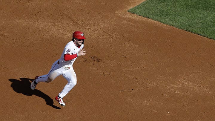 Apr 28, 2025; Washington, District of Columbia, USA; Washington Nationals outfielder Dylan Crews (3) advances to third base on a single by Nationals outfielder Alex Call (not pictured) against the New York Mets during the second inning at Nationals Park. Mandatory Credit: Geoff Burke-Imagn Images