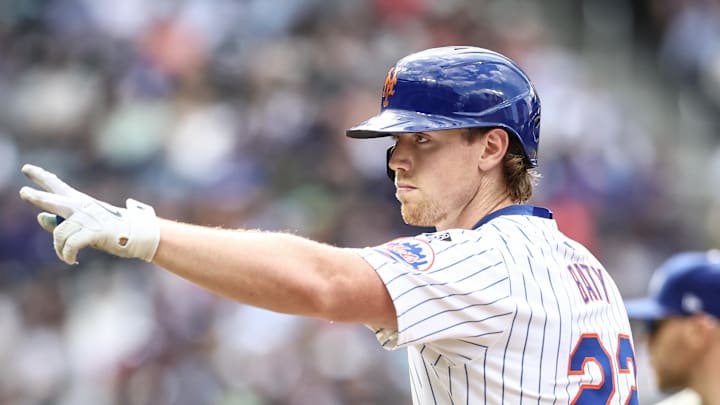 New York Mets third base Brett Baty (22) gestures after hitting a single in the third inning against the Los Angeles Dodgers at Citi Field. New York Mets third base Brett Baty (22) gestures after hitting a single in the third inning against the Los Angeles Dodgers at Citi Field.
