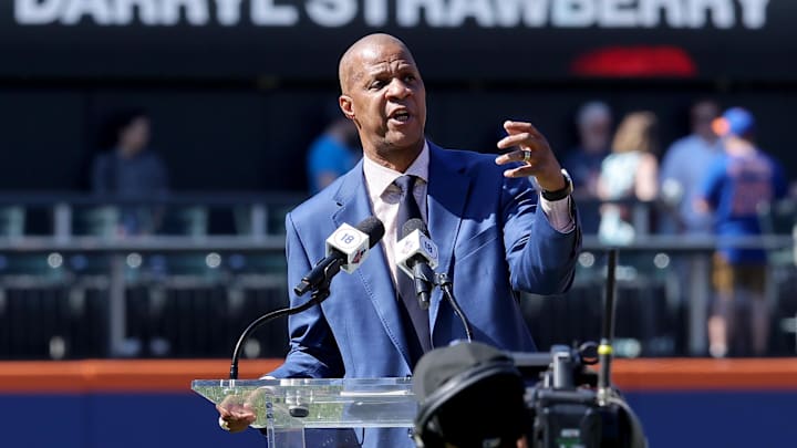 Jun 1, 2024; New York City, New York, USA; New York Mets former player Darryl Strawberry speaks during a pregame ceremony to retire his number 18 before a game against the Arizona Diamondbacks at Citi Field. Mandatory Credit: Brad Penner-Imagn Images
