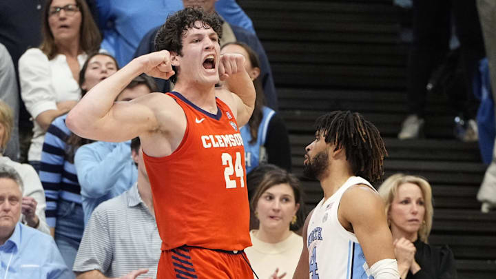 Feb 6, 2024; Chapel Hill, North Carolina, USA; Clemson Tigers center PJ Hall (24) celebrates a basket against North Carolina. 