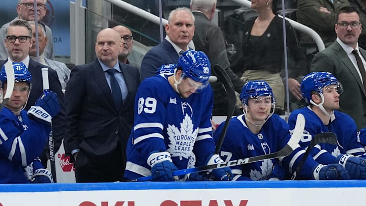 Apr 13, 2026; Toronto, Ontario, CAN; Toronto Maple Leafs head coach Craig Berube watches the play against the Dallas Stars during the third period at Scotiabank Arena. Mandatory Credit: Nick Turchiaro-Imagn Images