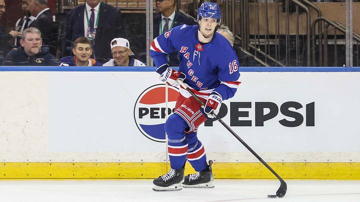 Oct 6, 2026; New York, New York, USA;  New York Rangers right wing Pavel Dorofeyev (16) controls the puck in the second period against the New York Islanders at Madison Square Garden.  Mandatory Credit: Wendell Cruz-Imagn Images