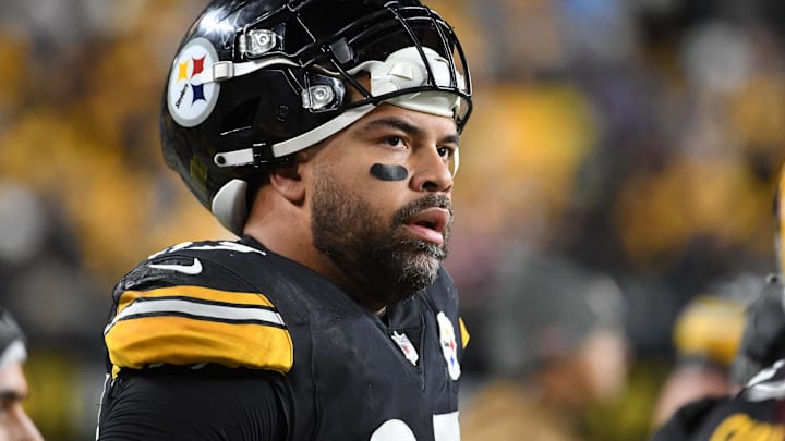 Nov 2, 2023; Pittsburgh, Pennsylvania, USA; Pittsburgh Steelers defensive end Cam Heyward watches the game against the Tennessee Titans during the second quarter at Acrisure Stadium. Mandatory Credit: Philip G. Pavely-Imagn Images