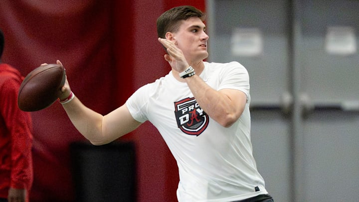 Quarterback Ty Simpson throws during Pro Day in the Hank Crisp Indoor Practice Facility at the University of Alabama.