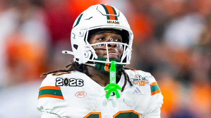 Jan 19, 2026; Miami Gardens, FL, USA; Miami Hurricanes wide receiver Malachi Toney (10) against the Indiana Hoosiers during the College Football Playoff National Championship game at Hard Rock Stadium. Mandatory Credit: Mark J. Rebilas-Imagn Images