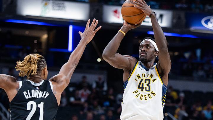 Nov 5, 2025; Indianapolis, Indiana, USA; Indiana Pacers forward Pascal Siakam (43) shoots the ball while Brooklyn Nets forward/center Noah Clowney (21) defends in the first half at Gainbridge Fieldhouse. Mandatory Credit: Trevor Ruszkowski-Imagn Images Nov 5, 2025; Indianapolis, Indiana, USA; Indiana Pacers forward Pascal Siakam (43) shoots the ball while Brooklyn Nets forward/center Noah Clowney (21) defends in the first half at Gainbridge Fieldhouse. Mandatory Credit: Trevor Ruszkowski-Imagn Images