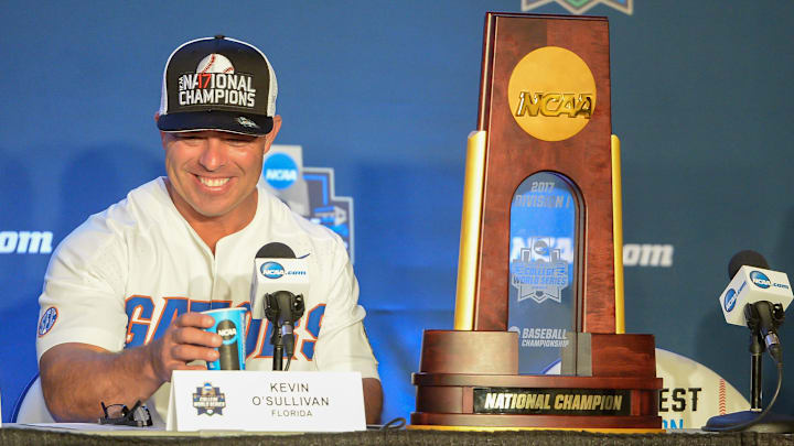 Jun 27, 2017; Omaha, NE, USA; Florida Gators head coach Kevin O'Sullivan (7) answers questions after the win against the LSU Tigers in game two of the championship series of the 2017 College World Series at TD Ameritrade Park Omaha. Mandatory Credit: Steven Branscombe-Imagn Images