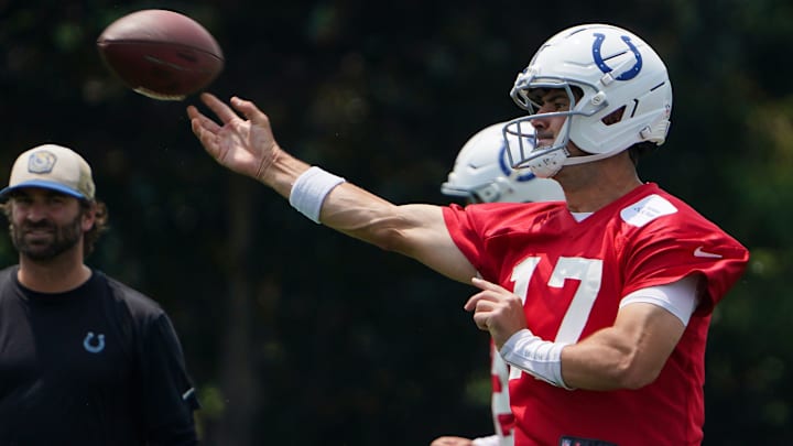 Indianapolis Colts quarterback Daniel Jones (17) throws the ball Tuesday, June 10, 2025, during NFL Colts mandatory mini camp at the Indiana Farm Bureau Football Center in Indianapolis.