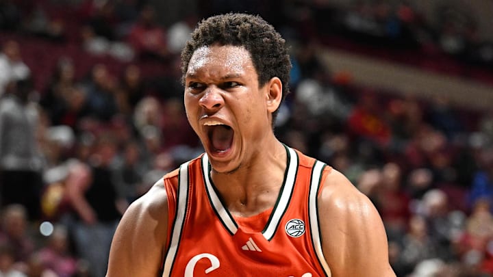 Feb 24, 2026; Tallahassee, Florida, USA; Miami Hurricanes forward Malik Reneau (5) celebrates after a play during the second half against the Florida State Seminoles at Donald L. Tucker Center. Mandatory Credit: Melina Myers-Imagn Images Feb 24, 2026; Tallahassee, Florida, USA; Miami Hurricanes forward Malik Reneau (5) celebrates after a play during the second half against the Florida State Seminoles at Donald L. Tucker Center. Mandatory Credit: Melina Myers-Imagn Images