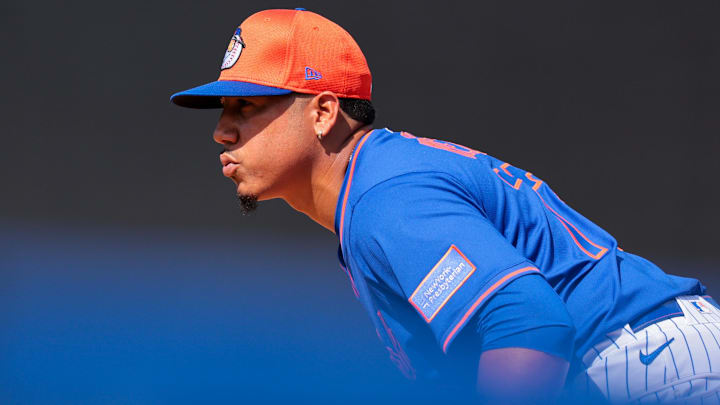 Feb 12, 2025; Port St. Lucie, FL, USA; New York Mets pitcher Dedniel Nunez (72) works during a Spring Training workout at Clover Park. Mandatory Credit: Sam Navarro-Imagn Images