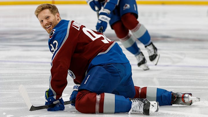 Apr 23, 2025; Denver, Colorado, USA; Colorado Avalanche left wing Gabriel Landeskog (92) warms up before game threeagainst the Dallas Stars in the first round of the 2025 Stanley Cup Playoffs  at Ball Arena. Mandatory Credit: Isaiah J. Downing-Imagn Images