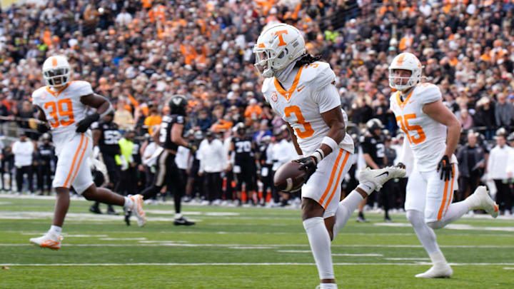 Tennessee defensive back Jermod McCoy (3) reacts after gaining control of a fumble during the second quarter at FirstBank Stadium in Nashville, Tenn., Saturday, Nov. 30, 2024. Tennessee defensive back Jermod McCoy (3) reacts after gaining control of a fumble during the second quarter at FirstBank Stadium in Nashville, Tenn., Saturday, Nov. 30, 2024.