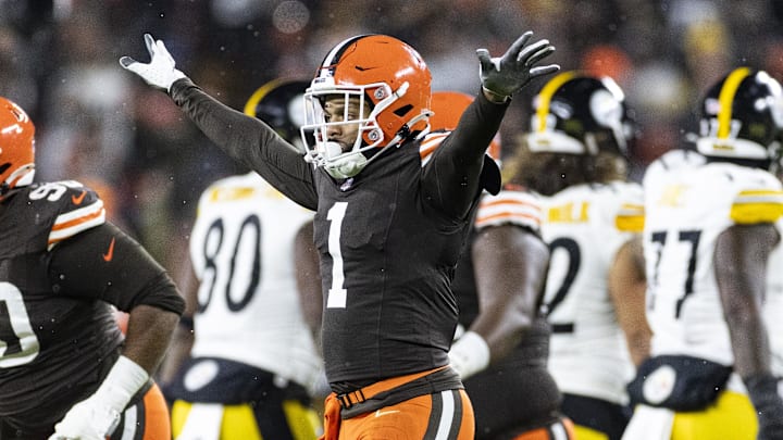 Nov 21, 2024; Cleveland, Ohio, USA; Cleveland Browns safety Juan Thornhill (1) celebrates a missed field goal by the Pittsburgh Steelers during the first quarter at Huntington Bank Field Stadium. Mandatory Credit: Scott Galvin-Imagn Images