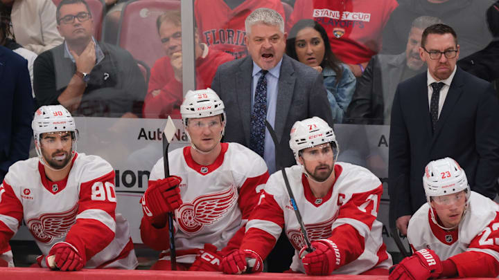 Jan 16, 2025; Sunrise, Florida, USA; Detroit Red Wings head coach Todd McLellan reacts from the bench against the Florida Panthers during the second period at Amerant Bank Arena. Mandatory Credit: Sam Navarro-Imagn Images