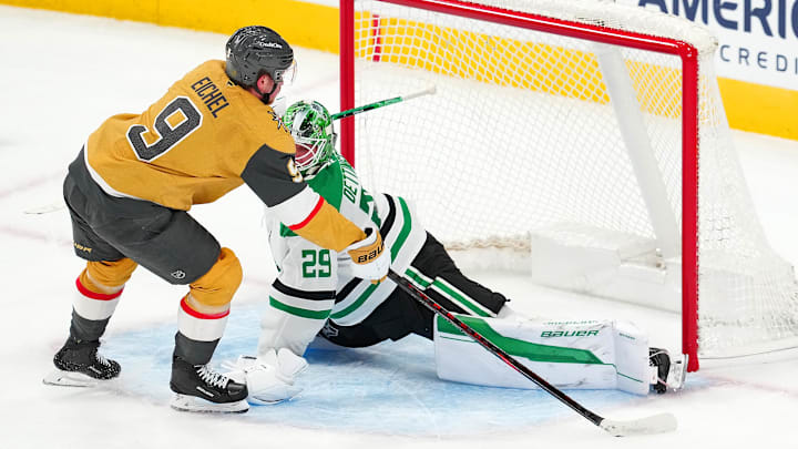 Jan 29, 2026; Las Vegas, Nevada, USA; Dallas Stars goaltender Jake Oettinger (29) stops Vegas Golden Knights center Jack Eichel (9) during a shoot-out attempt at T-Mobile Arena. Mandatory Credit: Stephen R. Sylvanie-Imagn Images Jan 29, 2026; Las Vegas, Nevada, USA; Dallas Stars goaltender Jake Oettinger (29) stops Vegas Golden Knights center Jack Eichel (9) during a shoot-out attempt at T-Mobile Arena. Mandatory Credit: Stephen R. Sylvanie-Imagn Images