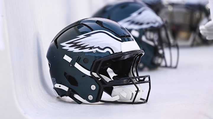 Philadelphia Eagles helmets sit on the bench. Philadelphia Eagles helmets sit on the bench.