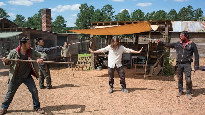 Peter Zimmerman as Eduardo, Rich Ceraulo as Guard, Tom Payne as Jesus, and Andrew Lincoln as Rick Grimes - The Walking Dead _ Season 6, Episode 11 - Photo Credit: Gene Page/AMC